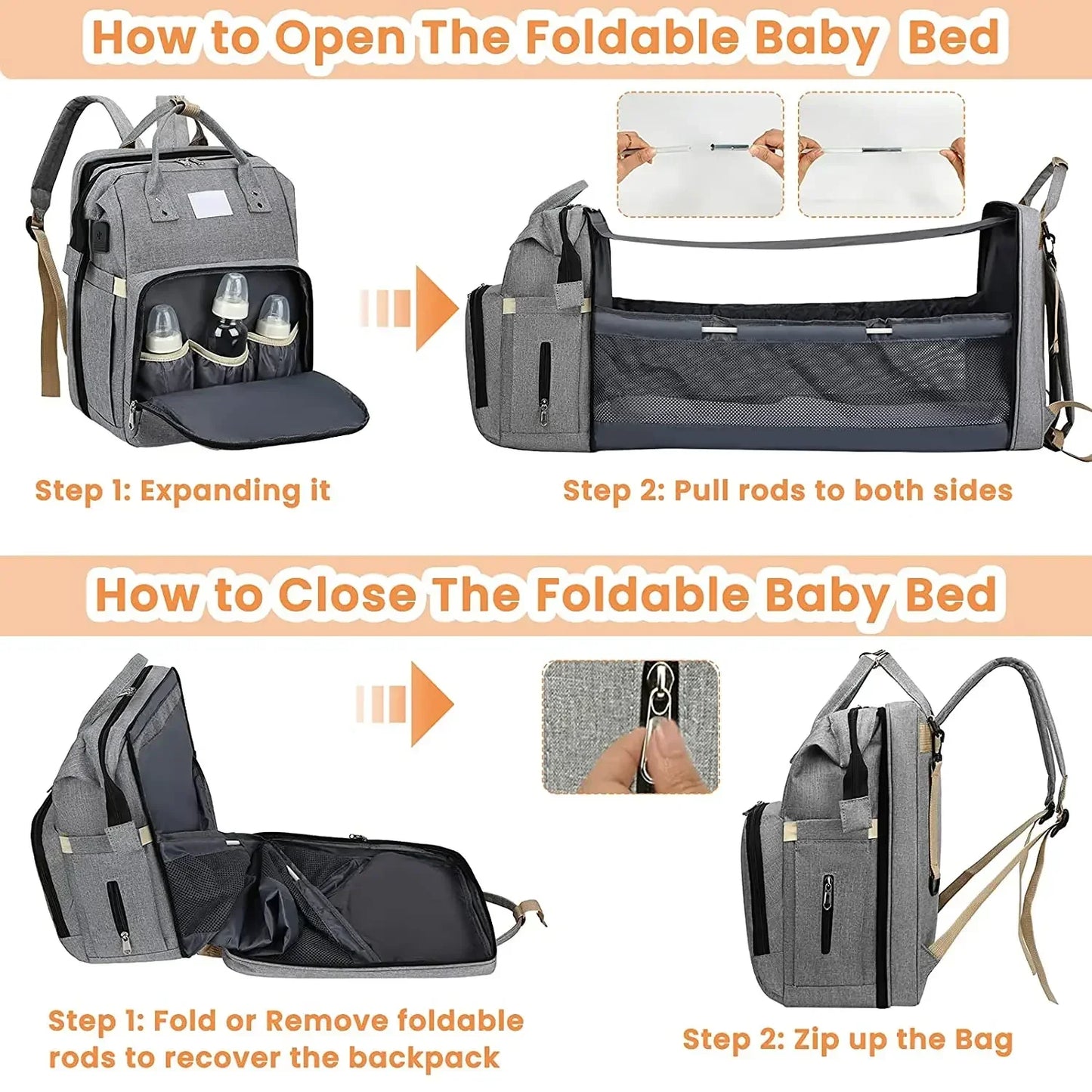 Baby Diaper Bag with Changing Pad Travel Foldable Baby Bed Bags Changing Station Mother Kids Large Capacity Stroller Organizer