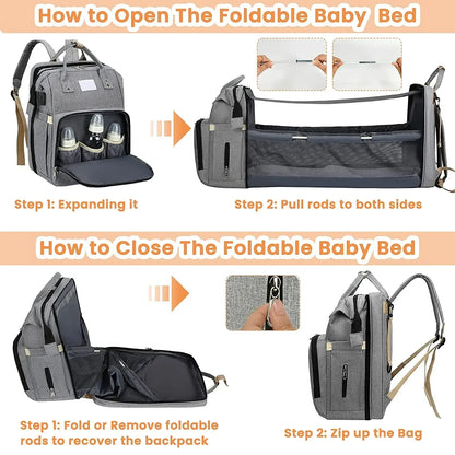Baby Diaper Bag with Changing Pad Travel Foldable Baby Bed Bags Changing Station Mother Kids Large Capacity Stroller Organizer