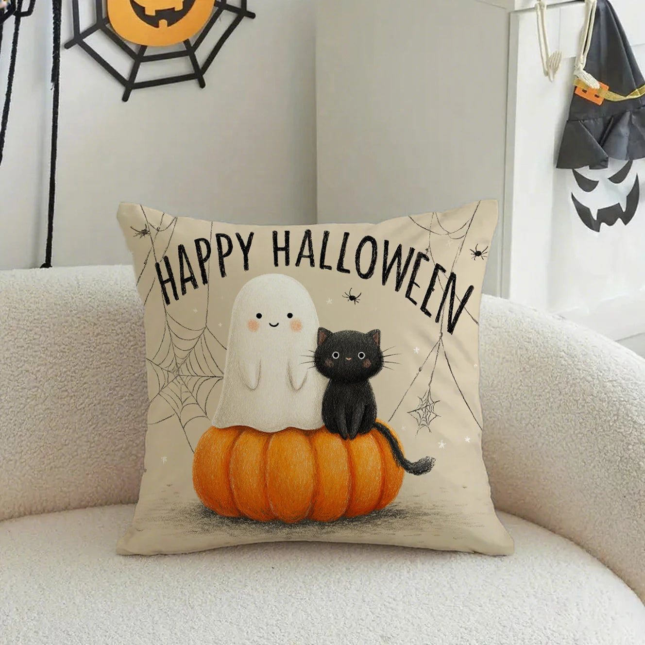 Halloween-themed Cat & Ghost PillowcasesSuitable for sofa car bedroom decorative cushion cover pillow cover
