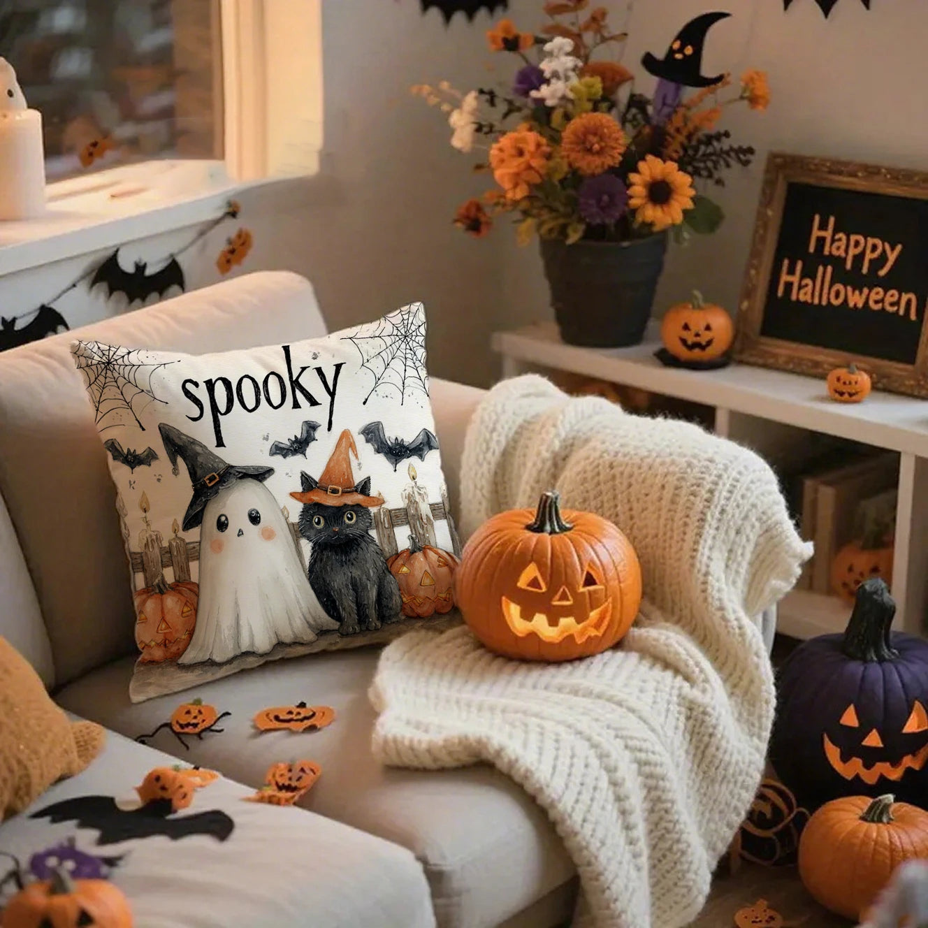 Halloween-themed Cat & Ghost PillowcasesSuitable for sofa car bedroom decorative cushion cover pillow cover