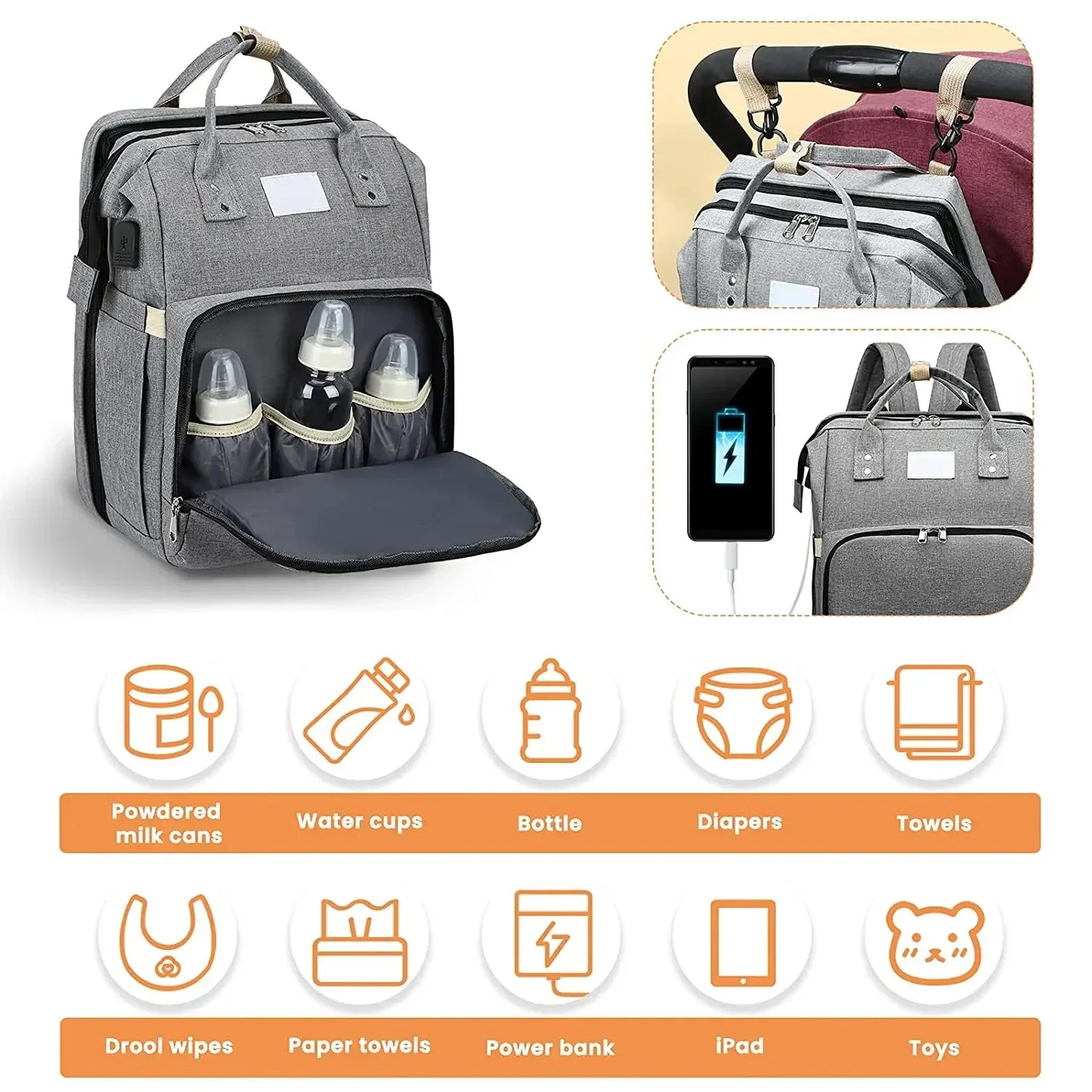 Baby Diaper Bag with Changing Pad Travel Foldable Baby Bed Bags Changing Station Mother Kids Large Capacity Stroller Organizer